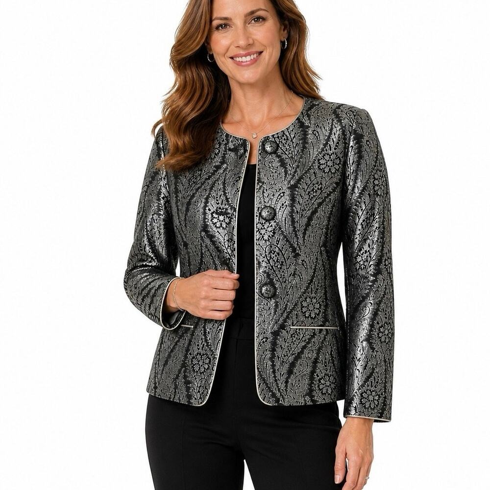 Vintage Arthur Chapnik Metallic Jacket 4 Silver Black Brocade Evening Formal USA